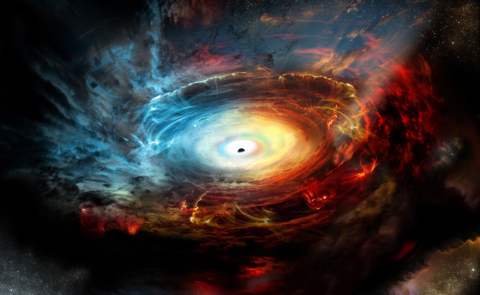 Interpretación de un agujero negro supermasivo y su horizonte de sucesos envuelto por gas y polvo 