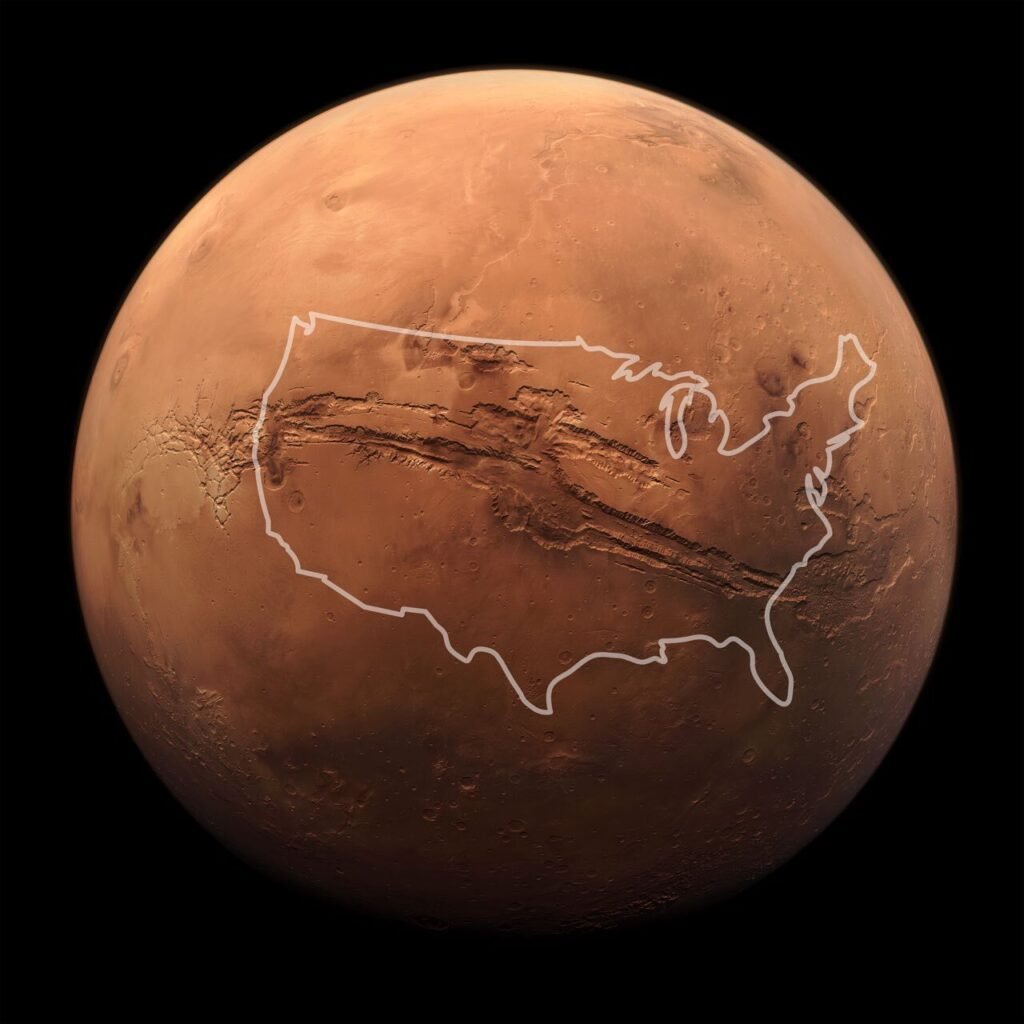 Comparación del Valles Marineris del Planeta Marte con Estados Unidos de costa a costa.