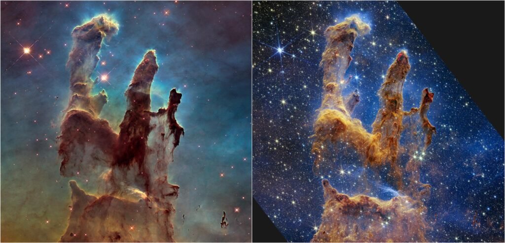 Los Pilares de la Creación por el Hubble y Webb.
Ondas y Partículas