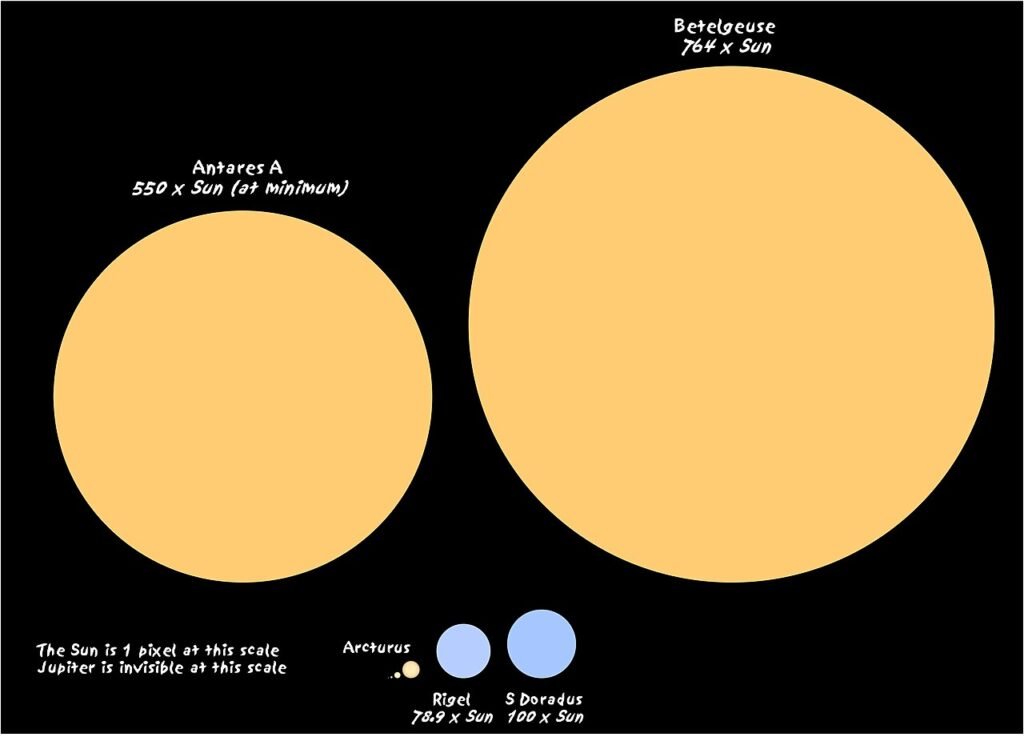 Comparación de tamaño de Betelgeuse con la supergigante roja más pequeña Antares, S Doradus, Rigel, Arturo y el Sol.
