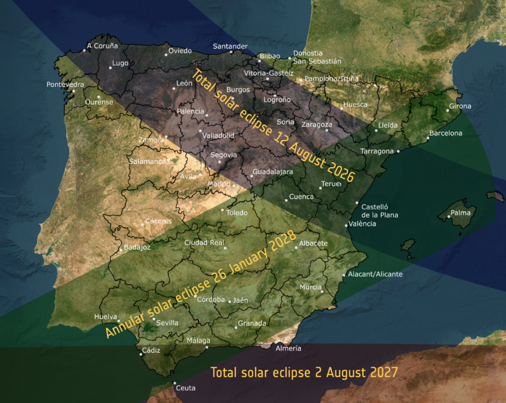 Mapa de los eclipses en España entre 2026 y 2028