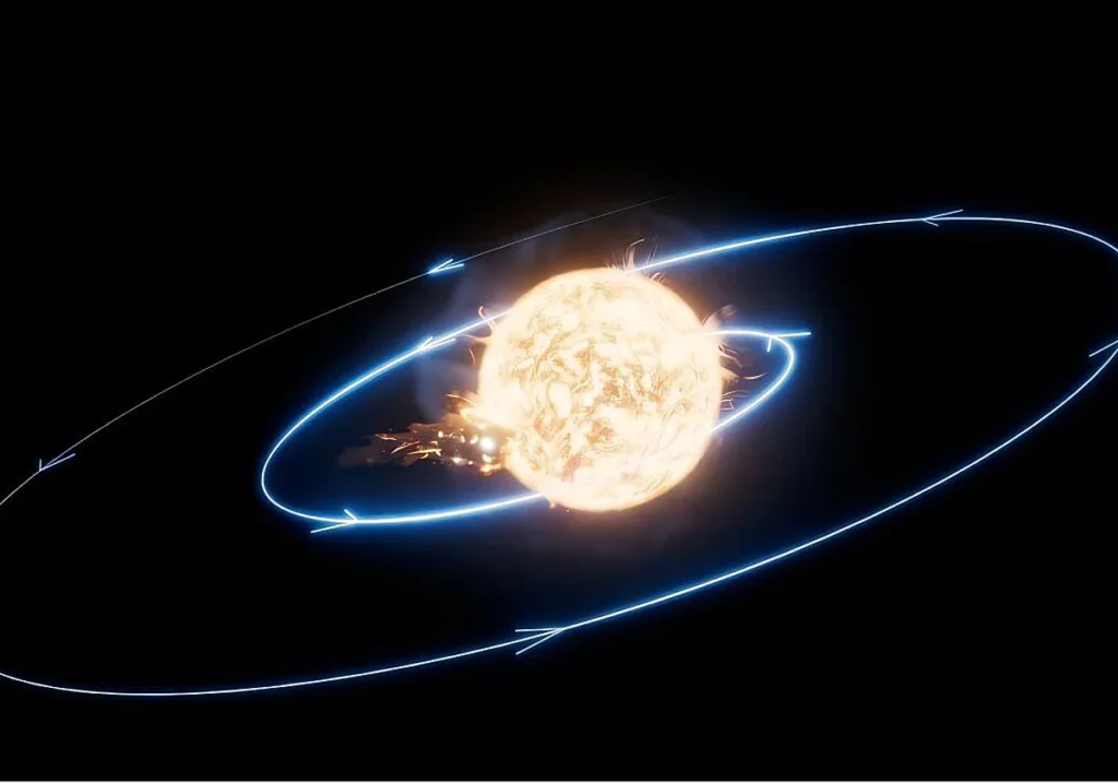 Ilustración de un planeta cayendo en espiral hacia su estrella hasta ser engullido